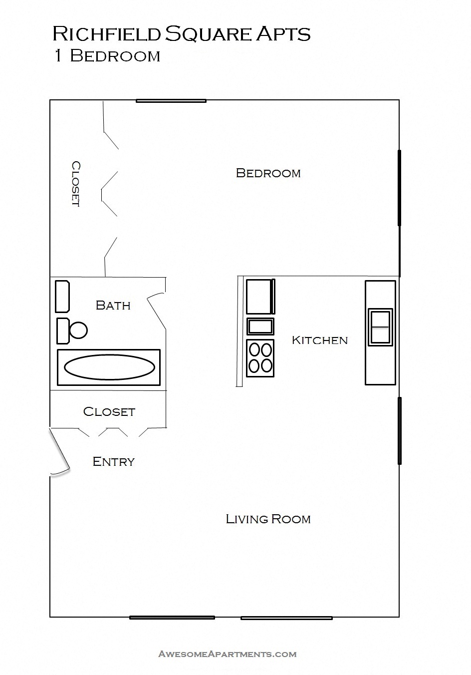 Floor plan for 1 bed, 1 bath, 565 sqft